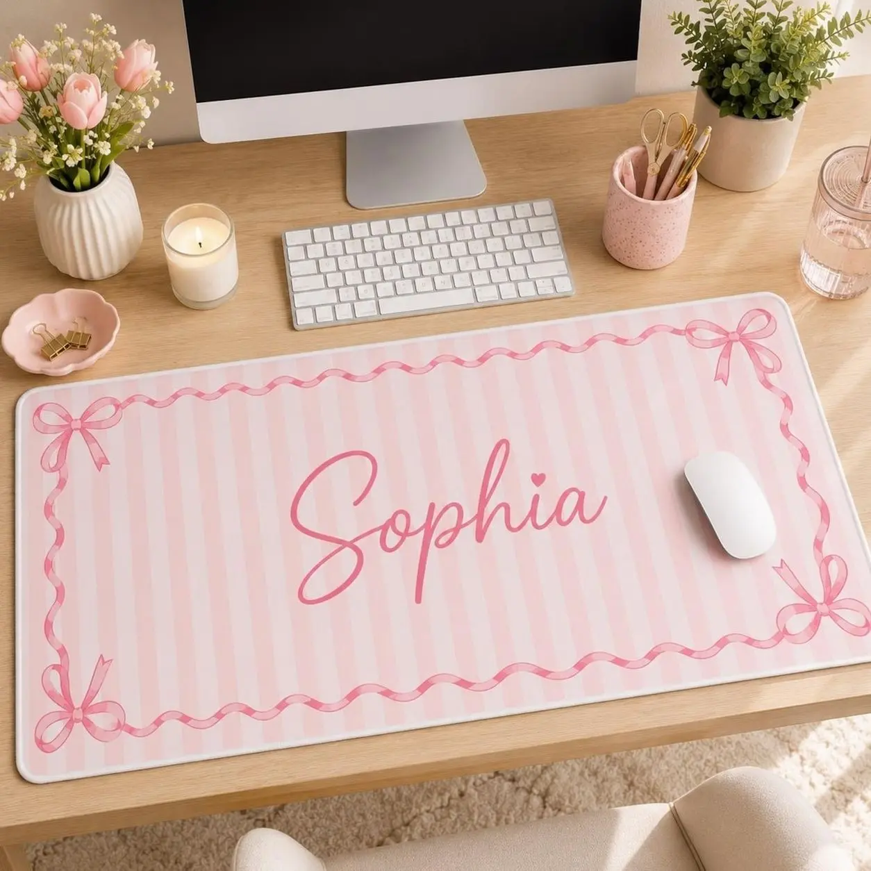 Personalized Pink Coquette Desk Mat, Custom Name Mouse Pad, Ribbon Office Decor, Aesthetic Keyboard Mat, GIFT 2026, Cute Coworker Gift Anh Hoai