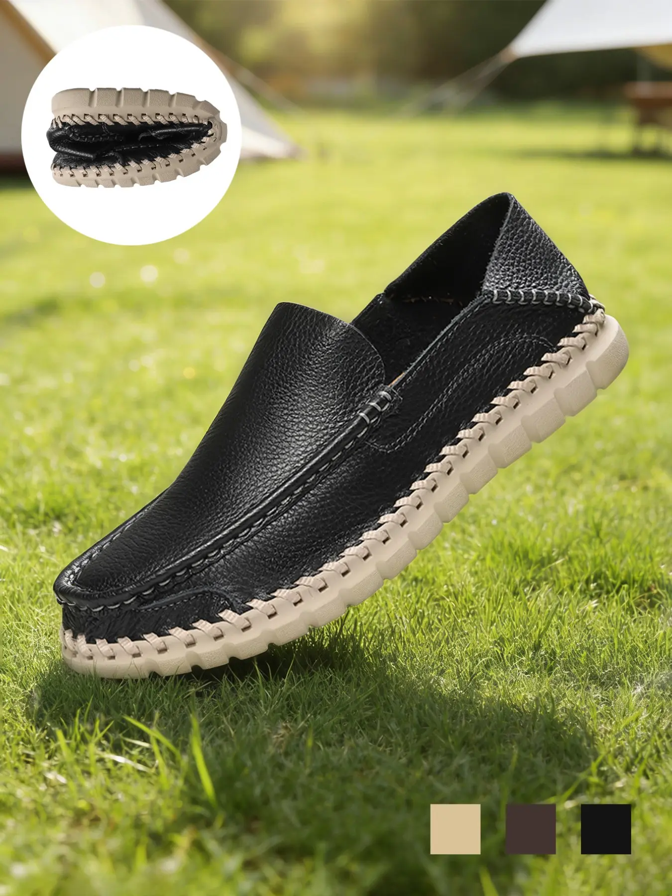 Men's Loafers Two-Way Wear Soft Flexible Hand-Stitched Whipstitch Solid Slip-Ons Round Toe Low Top Cushioned Sole Mules Retro Athletic Outdoor Summer Black Cowhide Leather For Walking Travel Big Size 11-13 Walking Shoes