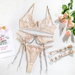 Erotic Lingerie Sexy Set Bra + Back Gathering Shaping Open Metal Chain Panty Embroidered Lace Underwear Set Thong Ensemble Sexi Lingeri Girl  Garter Tassel Lingerie Four Piece Set Sensual Valentine'S Day Intimates Women Sexy Costume Perspective Pajamas