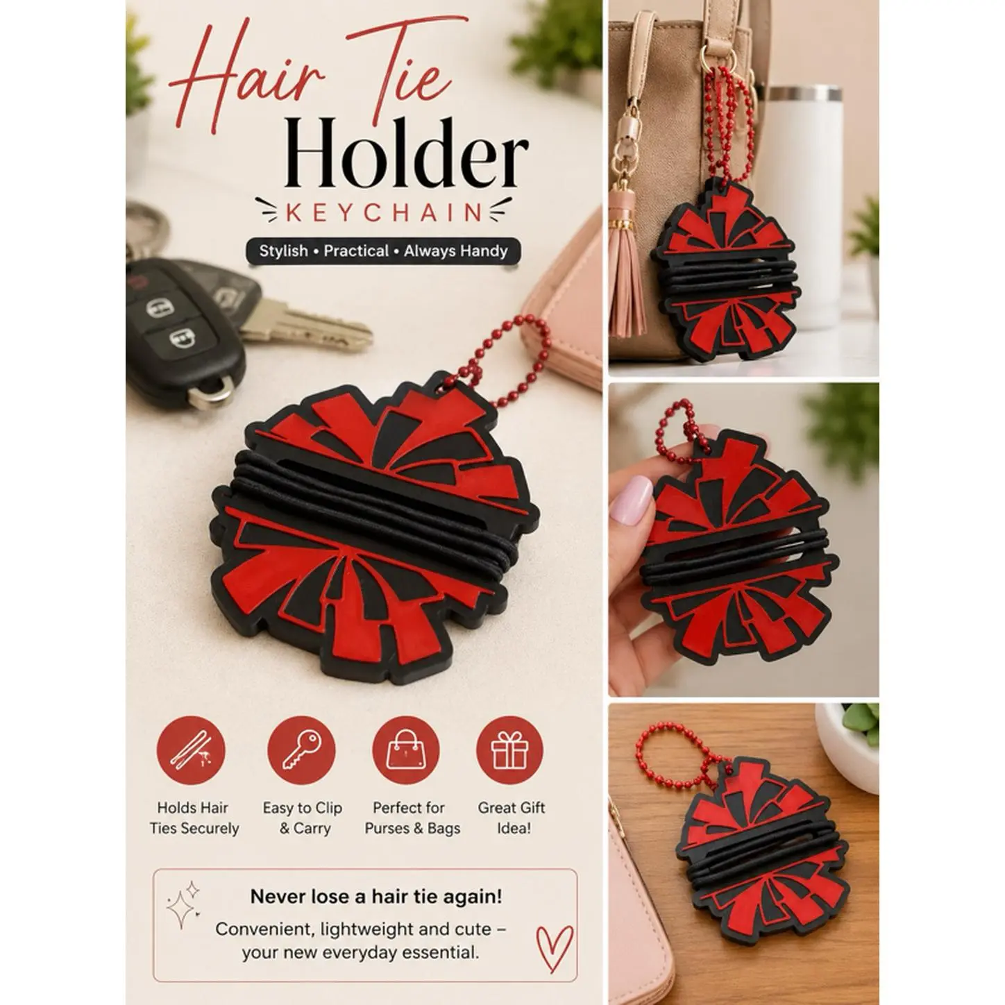 3D Printed Hair Tie Keychain - Custom Colors for Cheerleading, Dance, and School - Stylish and Practical Bag Accessory - Perfect Gift Idea