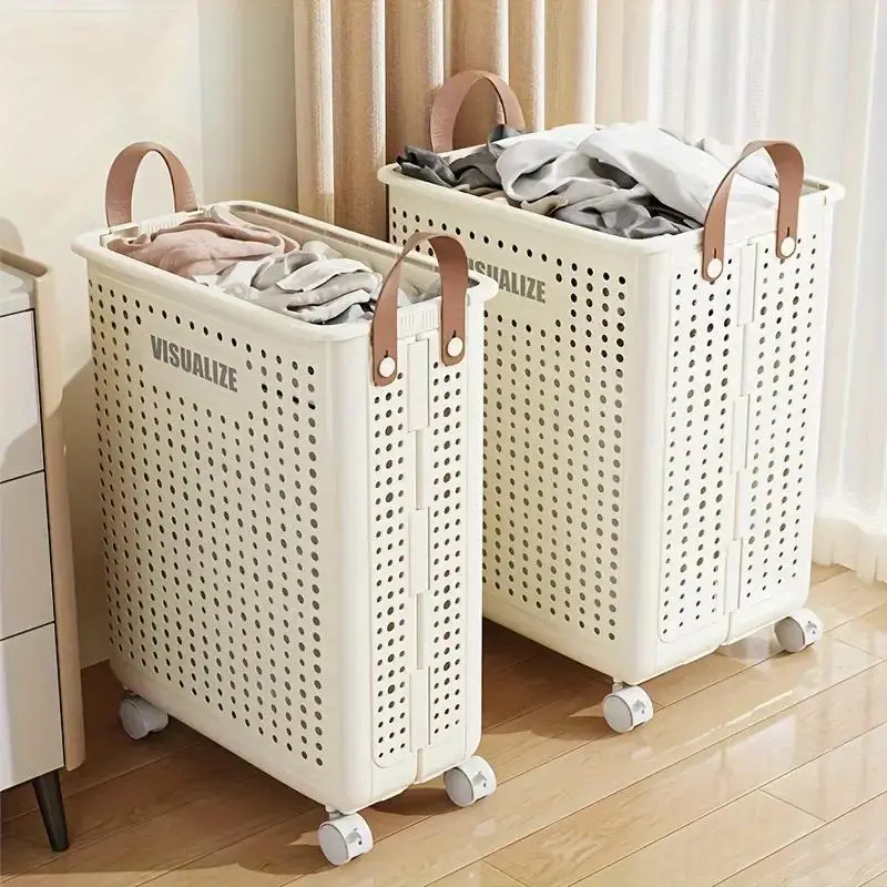 Foldable Rolling Laundry Hamper With Imitation Leather Handles Large Capacity Dirty Clothes Organizer Basket