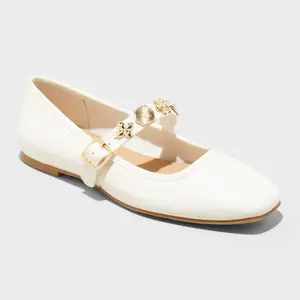 Women's Rebecca Embellished Strap Mary Jane Flats with Memory Foam Insole - A New Day Ivory 11: Buckle Closure, Textured Outsole
