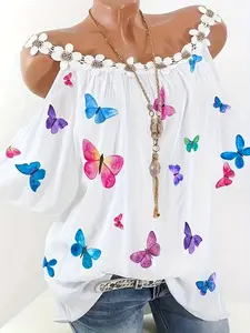 Plus Size Women's Woven Butterfly Print Floral One Shoulder Blouse Shirt, Casual Fashion Top for Spring & Fall, Comfortable and Stylish Design, Thin
