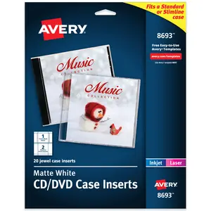 Avery Printable CD Jewel Case Inserts, Matte White, Laser & Inkjet Printers, 20 Standard and Slimline Inserts (8693)