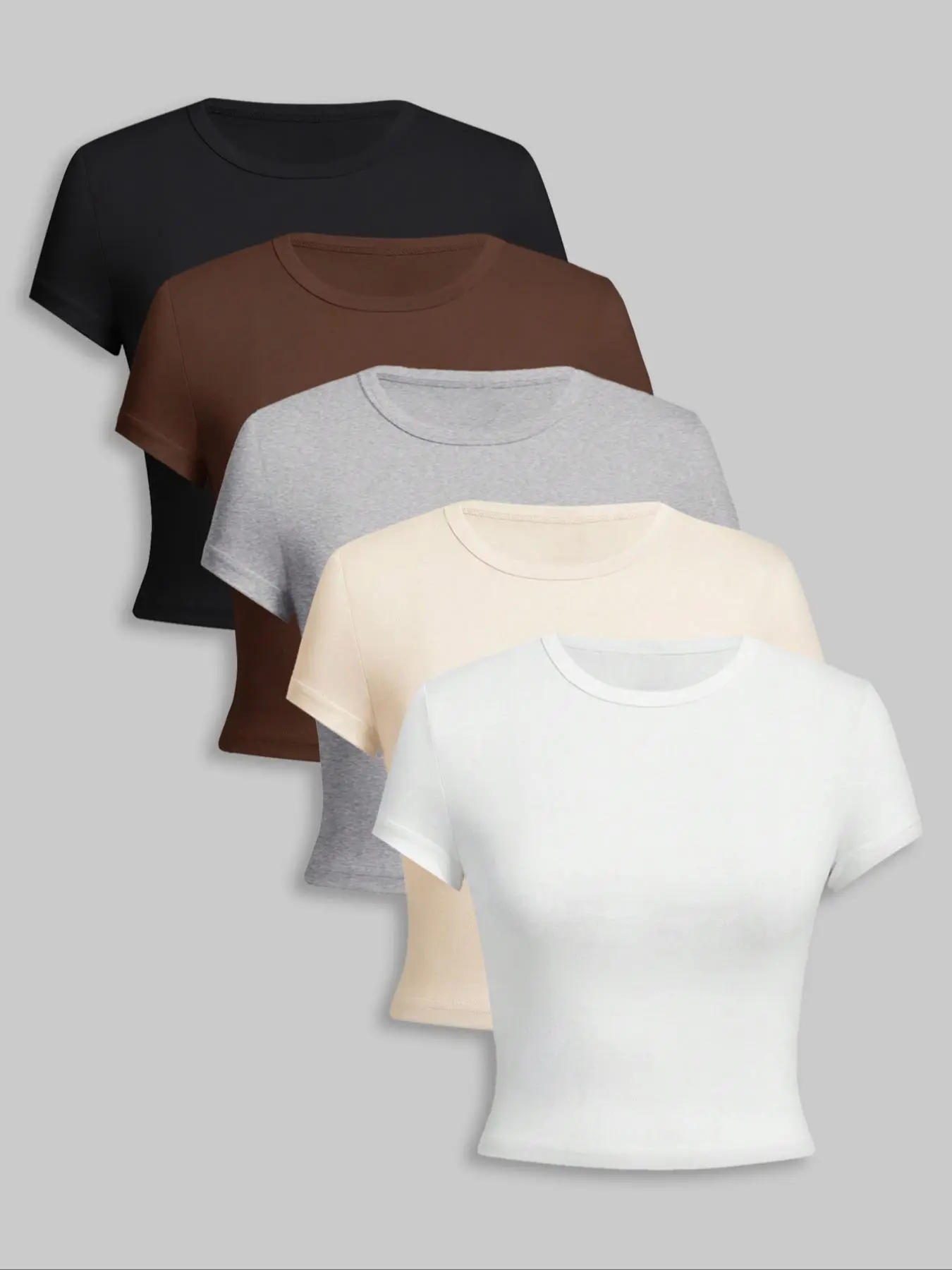 Women's 5 Counts Solid Round Neck Essential Basic Tee, Top, Casual Fit Short Sleeve Crew Neck T-shirt for Daily Wear, Summer Ladies Clothes for All Seasons