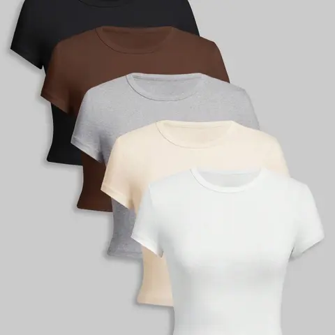 Women's 5 Counts Solid Round Neck Essential Basic Tee, Top, Casual Fit Short Sleeve Crew Neck T-shirt for Daily Wear, Casual Everyday Wear, Summer Ladies Clothes for All Seasons
