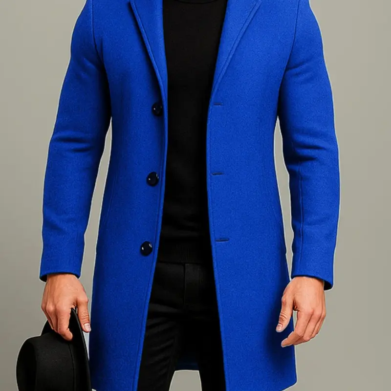 Men's Solid-Color Lapel Neck Midi Coat with Double-breasted, Regular-Fit Casual Long Sleeve Outerwear for Fall & Winter, Men's Clothes for Daily Wear Jackets, Fashion Casual Coats
