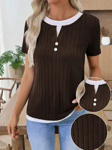 Spring Summer New Women's Two-Piece Round Neck Button Pullover Fleece Short Sleeve T-Shirt, Casual Fashion Top for Daily Wear