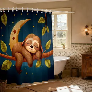 Cartoon Sloth Pattern Bathroom Decor, Dry Wet Separation, Wall-Mounted Plastic Hooks, Bathroom Curtains, Drapes, Straight Shower Rod