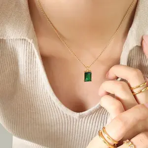 Essential Emerald Green Necklace for Women – 18K Gold Plated Stainless Steel | Elegant Gemstone Pendant | Adjustable Chain