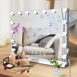Hollywood Vanity Mirror with Lights and Bluetooth Speaker, 15 Dimmable LED Bulbs Lighted Makeup Mirror with Detachable 10X Magnification Mirror, 3 Color Lights, Support for Answering Calls