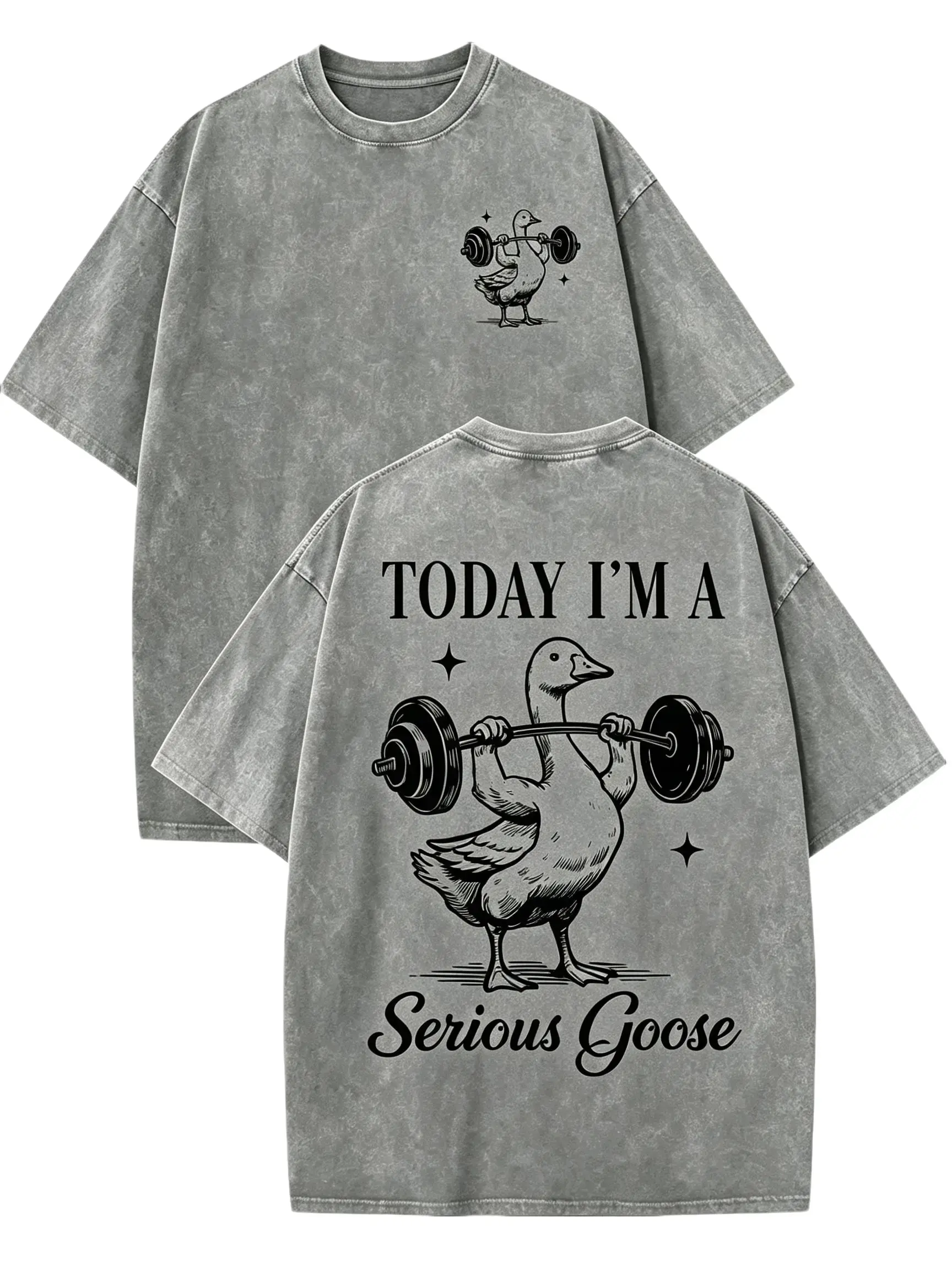 [BT] Vintage Washed Grey Double Sided Weightlifting Serious Goose Graphic T-Shirt,Heavyweight Oversized Funny Fitness Meme Gym Bro Streetwear Top,Front Mini Goose Lifting Dumbbell & Back TODAY I'M A Serious Goose Short Sleeve Tee