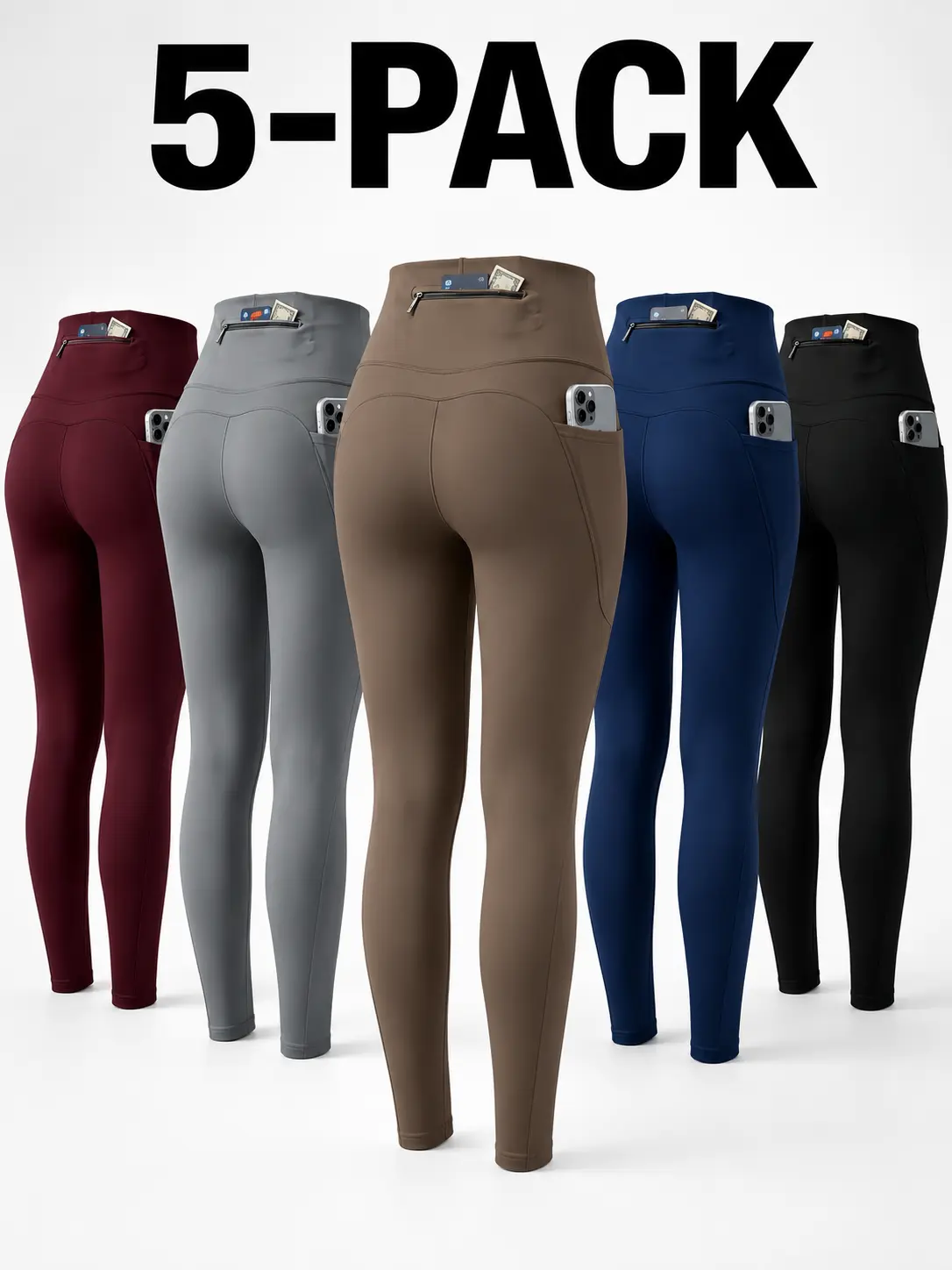 Women's 5-Pack High Waist Leggings with Zipper Pockets - Non-See-Through, Moisture-Wicking Athletic Bottoms for Casual, Outdoor, Running, Training