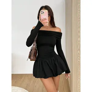 Women’s plain off-shoulder ruffle trim dress — an elegant, fashionable, casual long-sleeve mini dress for daily outdoor wear; ladies’ dress suitable for all seasons.