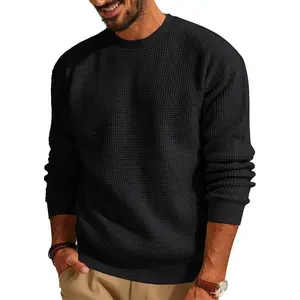Men's Crewneck Pullover Sweater Waffle Textured Knitted Sweaters Casual Loose Fit Sweaters with Ribbing Edge