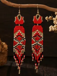 Handmade woven beaded earrings in Bohemian style, retro and fun, with a unique skirt-like shape, bright red, Gift ready, suitable for vacations, parties, taking photos, casual daily wear, and as gifts for festivals or daily use