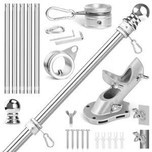 Stainless Steel 6FT Flag Pole Kit with 1" Metal 360° Rotating Rings & Two-Position Mounting Bracket for House, Porch, and Garden (Silver)