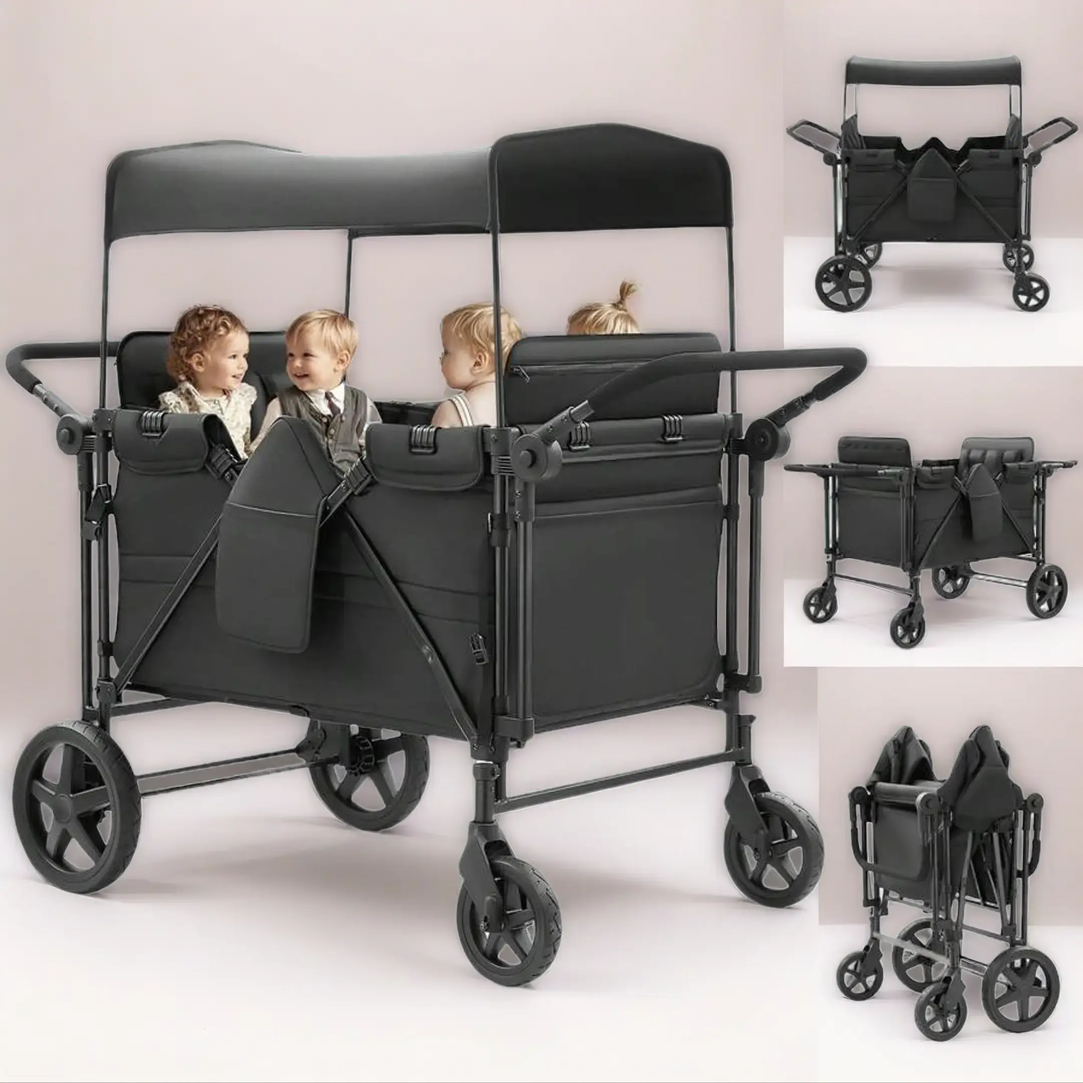 Unisex 4-Seat All-Terrain Wagon Stroller, Foldable High Landscape Design Pushchair with Adjustable UV Prevention Canopy, Double Push Handles, 5-Point Harness, Rugged Wheels for Outdoor Use (0-5 Kg, 15-20 Kg Capacity)