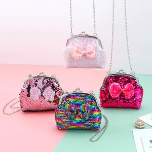 5 Inch New Sequined Bow Bag, Rubber Small Items Storage Pouch, Coin Holder, Cute Crossbody Bag for Kids, Card Storage, Birthday Party Play