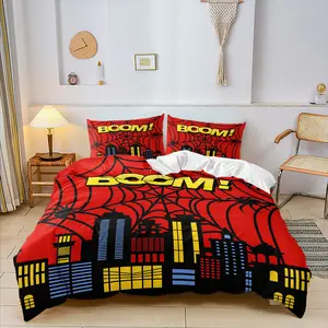 Spider Web Boom City Duvet Cover Set (1 Duvet + 1/2 Pillowcases, No Core), Soft All-Season Fabric, Machine Washable Duvet, Red Superhero Spider Web Cityscape Print Bedding for Boys Bedroom Decor