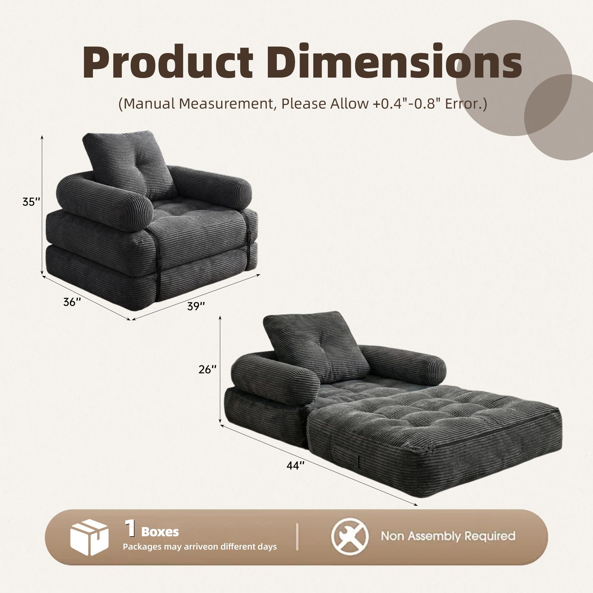 Del Mar loveseat Convertible Single Seater Sofa Bed Boneless Floor Couch Sleeper with Armrests, Soft Corduroy Foldable Lazy Sofa Chair for Living Room/Bedroom