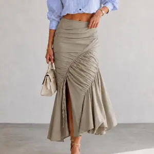 URBAN REVIVO Women's Spring High-Slit Mermaid Midi Fishtail Skirt - Ruched Waist, Flowy Silhouette, Pleated Piece, Cotton Fabric, Flattering Fit, Knot Style, Chic Bottom, UWJ540010 (Casual Elegance Pairing) summerwins,summerwins Womenswear