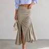 URBAN REVIVO Women's 100% Cotton Draped Knot Belted Pleated Fitted Midi Fish Tail Skirt - High Slit, Invisible Zipper, Lightweight Spring Casual Elegance Clothing (Do Not Dry Clean)