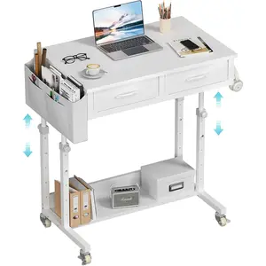 Small White Portable Rolling Standing Desk with Wheels, 32 Inch Adjustable Mobile Stand up Teacher Desks with 2 Fabric Drawers, Couch Sofa Side Laptop Table with Storage for Bedroom  Office