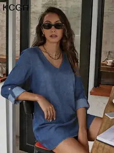 KCGH 2026 Spring Summer Plus Size Denim Dress for Women, High Low Hem Long Sleeve Basic Casual Wear Cotton Blend Dress, Trendy Western Midi Dress Fit Womenswear