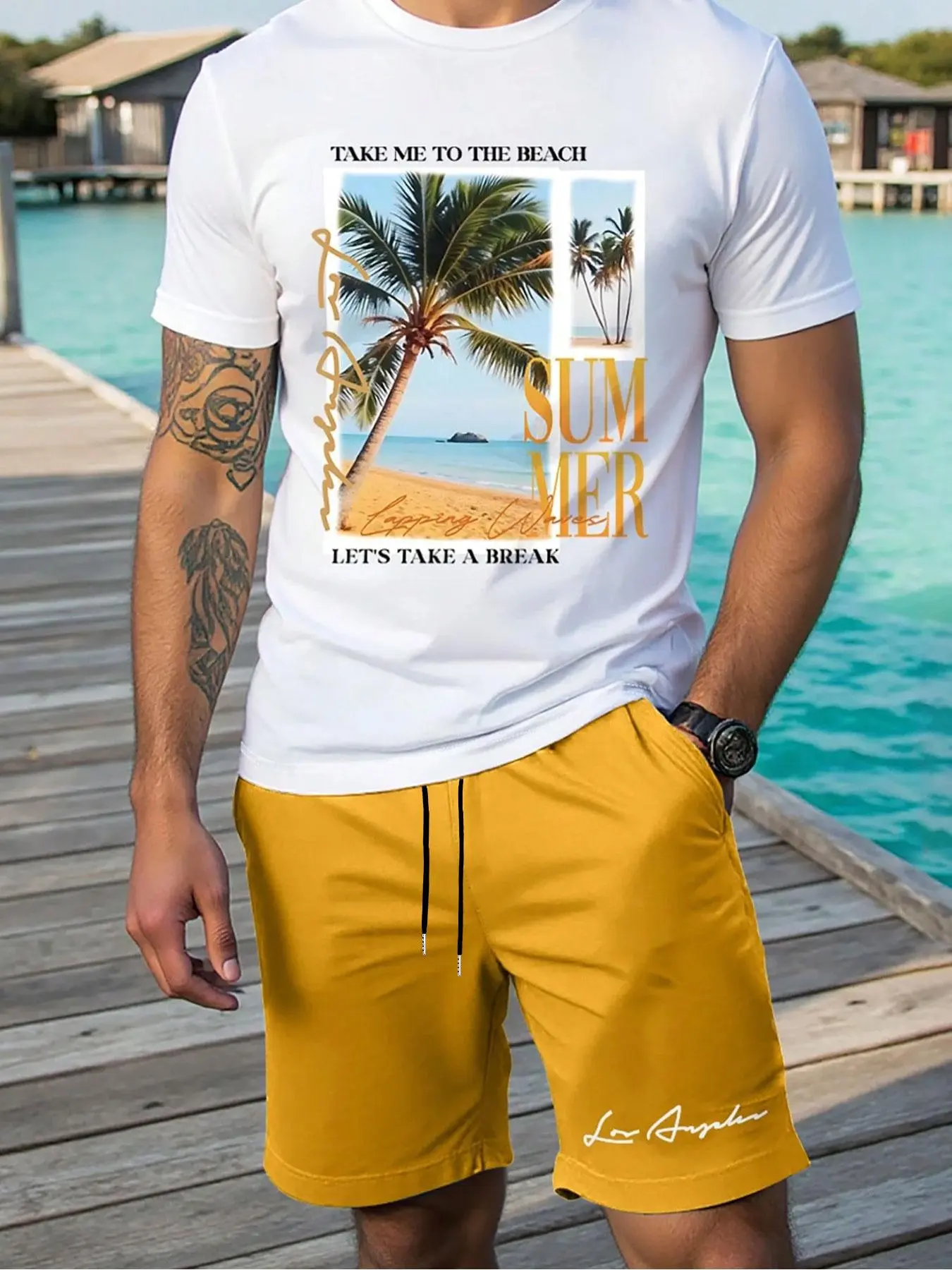 Men's Tropical Coconut Tree Print Short Sleeve Tee & Shorts Set, Regular Fit Casual Round Neck T-shirt & Shorts, Men's Summer Clothes, Summer Outfit Set