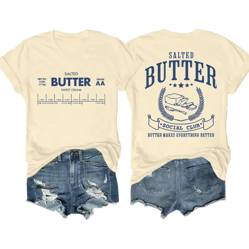 Women's V-Neck Graphic T-Shirt, Salted Butter Funny Baker Tee in Lightweight 100% Cotton, Casual Standard Size Clothes, Garments, Flat, Shortsleeve, Machine Washable, Hand Wash Only, Hang Dry