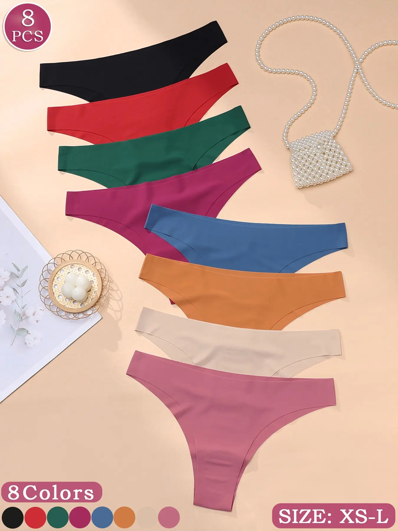 Women's Seamless Thongs 8 Pack, No Show Invisible Low Rise Lingerie Panties, Stretchy Fitted One Piece Underwear for Daily Wear, Everyday & Workout, 8 Colors Available, Sizes XS-L