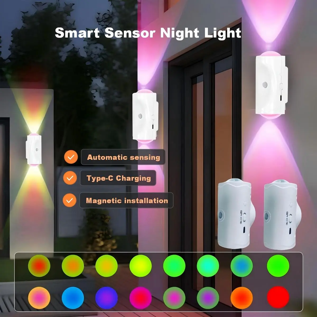 2 Pack Sunsetlamps Smart LED Wall Sconces with Motion Sensor, Rechargeable Battery Powered Wall Lamps, Motion Sensor Lights RGB Cordless Magnetic Night Lights, Down Night, Led Lights Bedroom for Hallway Stair Porch