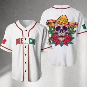 Mexico Baseball Jersey White Sombrero Skull Cactus Roses