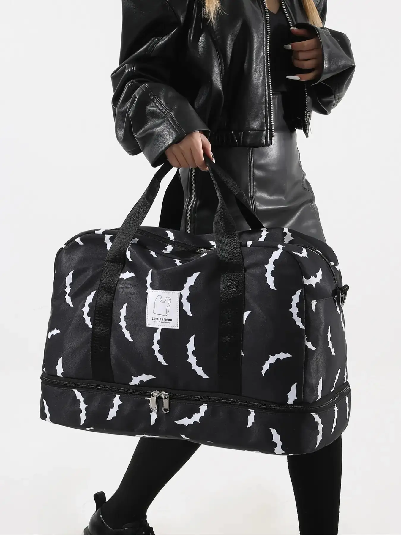 Durable Bat Pattern Travel Bag, Large Capacity Travel Bag with Shoe Compartment, Lightweight Carry on Luggage Bag for Sports Gym, Yoga Handbag, Valent