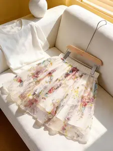 Floral Print Ruffle Mesh Skirt, Elastic Waist Flowy A-Line, Perfect for Brunch, Picnic, Vacation, Date, Daily Wear, Office Use, Womenswear