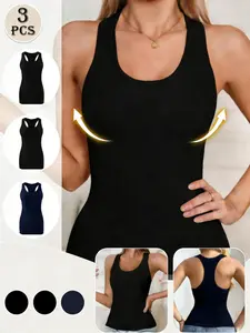 3 Pack Racerback Seamless Shapewear Tank Top for Women Tummy Control Waist Sculpt Ribbed Stretchy Breathable Slimming Fit Cami for Daily Layering & Outdoor Wear