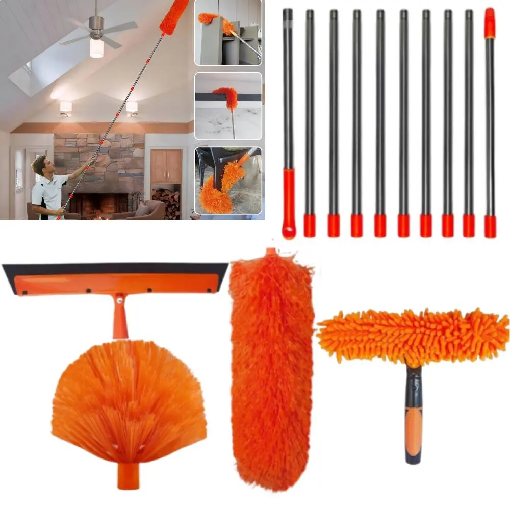 20+ Feet High Reach Duster Kit with 3-14 ft Extension Pole // High Ceiling Dusting and Window Cleaning Kit with Spliceable Pole - Window Washer & Squeegee, Cobweb Duster, Fan Blade and Feather Dusters