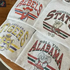 Custom College Retro College Football Mascot Crewneck T-shirt Classic Menswear Tops Cotton Sweaters   Sport Fabric Casual Embroidered Hoodie Custom Team Cotton GIft