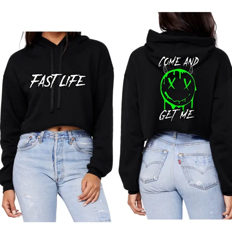Fast Life Come And Get Me Fluorescent Reflective Drippy Smiley Face Cropped Hoodie Women's Fashion Top biker girl