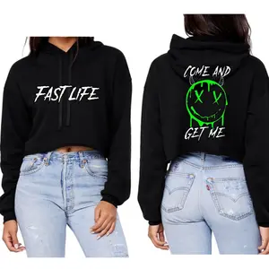 Fast Life Come And Get Me Fluorescent Reflective Drippy Smiley Face Cropped Hoodie Women's Fashion Top biker girl