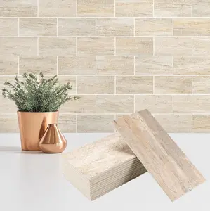 100 Pieces Peel and Stick Backsplash for, 3" x 6" PVC Subway Tile Grayish Beige with Gray Grout Backsplash Stick on Tile Elevate,, Fireplace,RV