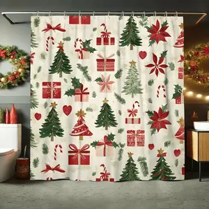 1pc Thick Waterproof Christmas Shower Curtain, Polyester Easy-To-Clean with 12 Stainless Metal Hooks, Poinsettia & Holly Design - Decorative Bathroom Partition Privacy Screen