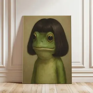 Funny Frog with Bob Haircut Canvas Wall Art Cursed Meme Animal Portrait Whimsical Cottagecore Poster Weird Aesthetic Room Decor for Dorm Bedroom