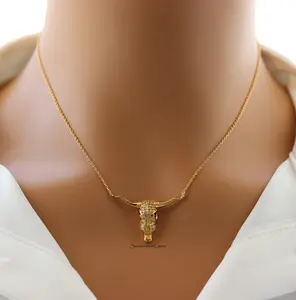 18K Gold Plated CZ Pave Bull Head Pendant Necklace – Western Glam Statement Jewelry