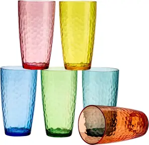 Hammered Acrylic Tumblers - 20 oz Drinkware, Set of 6, Rainbow Colors Glass Drinking Glasses