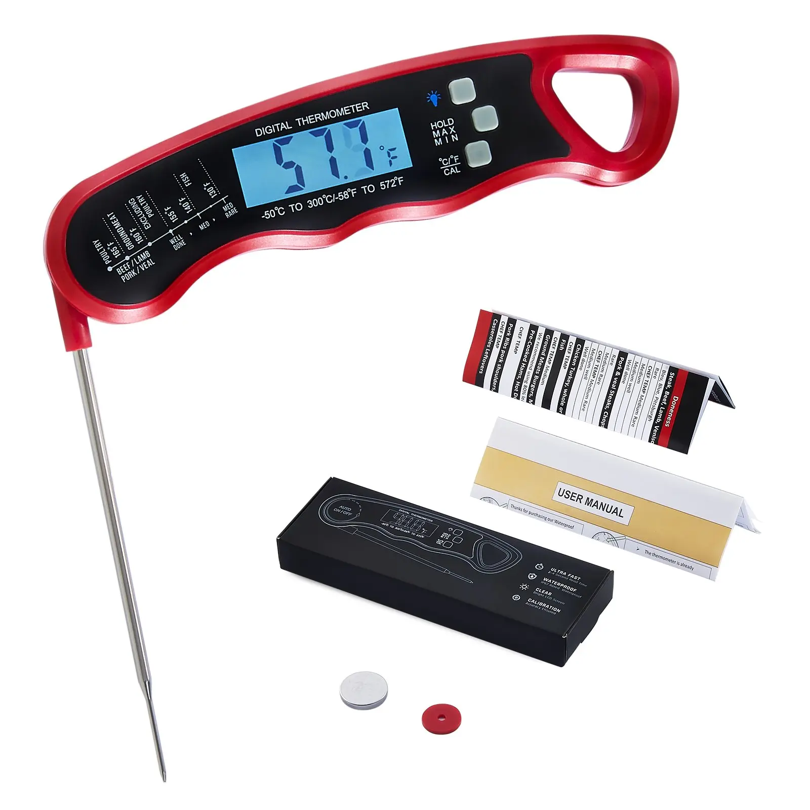 VEVOR Sturdy Plastic Digital Thermometer, Waterproof Ultra-Fast Food Probe with Backlighted Display & Calibration for Indoor Kitchen Grilling, Outdoor Cooking, ABS Construction, -58°F–572°F, Barbecuing