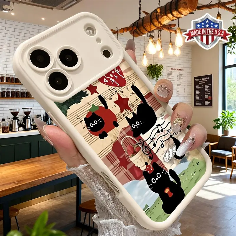 Cute Black Cat Music Cartoon Pattern Smartphone Casing for iPhone 17,16,15,14 Pro Max,13,12,11,XR,XS Plus - Handheld Cellphone Cover with Air Slim, Anti-Scratch, Impact-Resistant, Lightweight TPU Protection