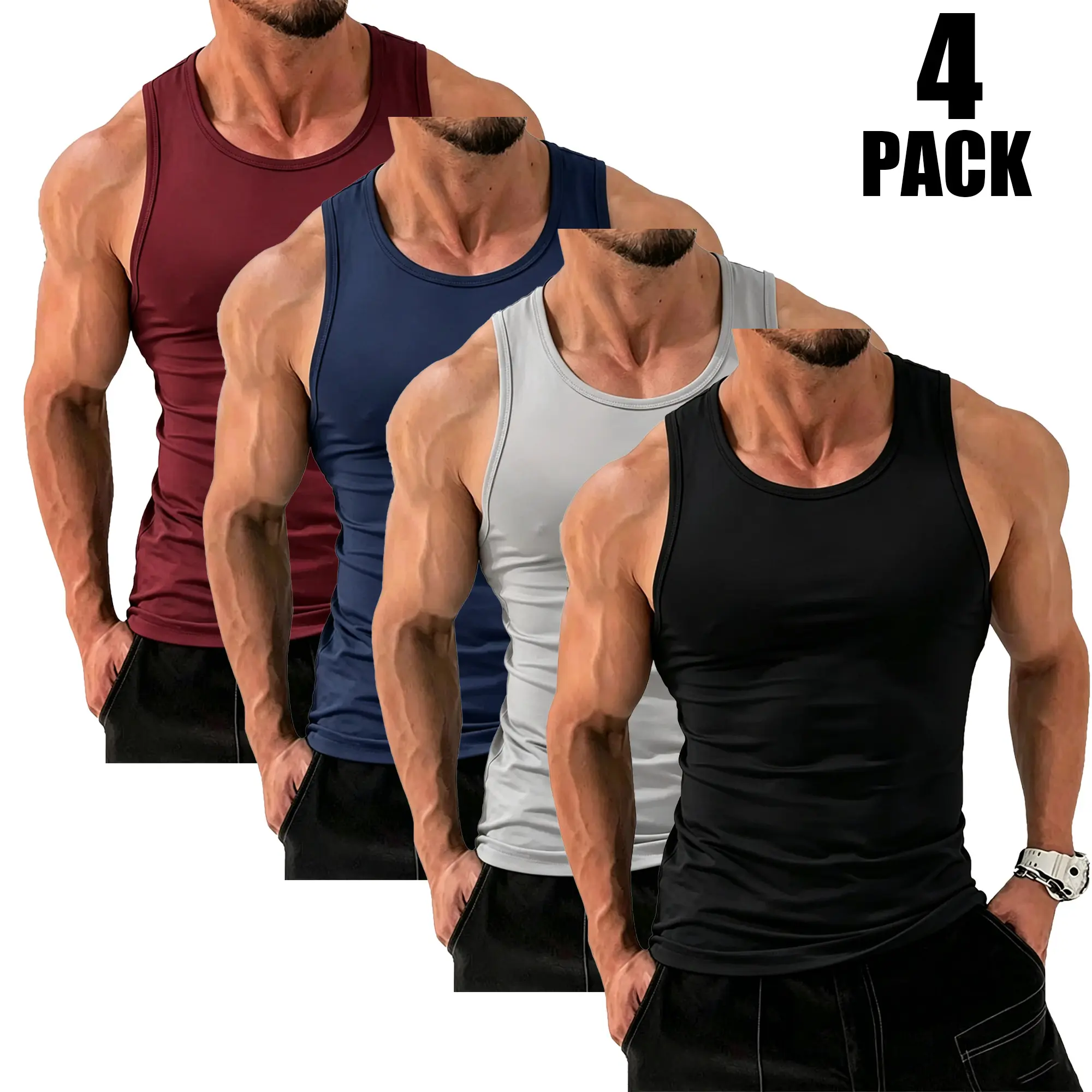 Men's 4-Pack Compression Muscle Singlets, Slim Fit Sleeveless Tank Tops, Quick-Dry Athletic Base Layer for Workouts, Muscle Singlet, Men's Compression Shirts