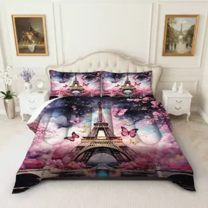 Paris Eiffel Tower Quilt Set (1 Quilt + 2 Pillowcases), Bedroom Bedding Set, Soft Breathable, Digital Print, Suitable for Bedroom Dorm Home Use